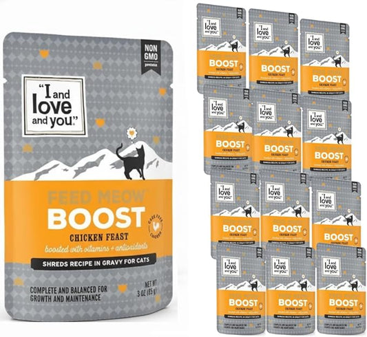 I and love and you Feed Meow Boost Wet Cat Food - Chicken - Antioxidants & Vitamins for Vitality, Grain Free, Shredded, 3oz Pack of 12