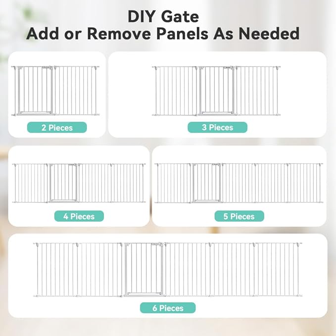 COMOMY 150" Extra Wide Baby Gate With Door - Auto Close Fence Play Area for House Doorways, Fireplace - Walk Through Pet Gate, Hardware Mounted, 6-Panels (30" Tall, White)
