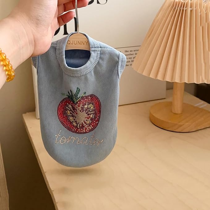 Washed Cotton Pet Vest with Rhinestone Fruit Designs, Soft & Stylish Small Dog Cat Vest for Spring Summer, Breathable & Shiny (Blue-Tomato, Small)
