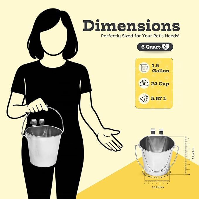 6 Quart Stainless Steel Flat Sided Pail with Dual Hooks | Hanging Bucket for Dogs, Cats, Goats, Sheep & Livestock | Food & Water Bowl Fits Kennels, Crates, Cages & Farm | Multipurpose Use