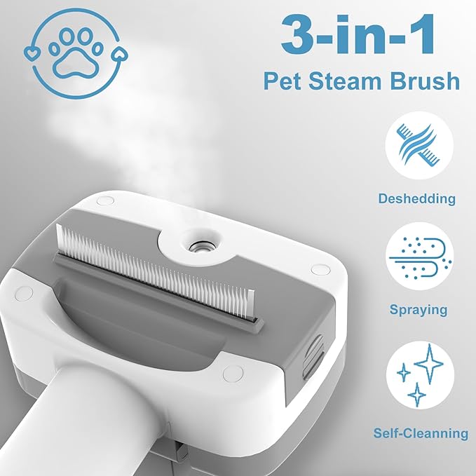 3 in 1 Pet Steam Brush for Dogs & Cats – Self Cleaning,Hair Removal Comb Steam for Thinning & Grooming for Long & Short Haired Pets, Includes Pet Essence