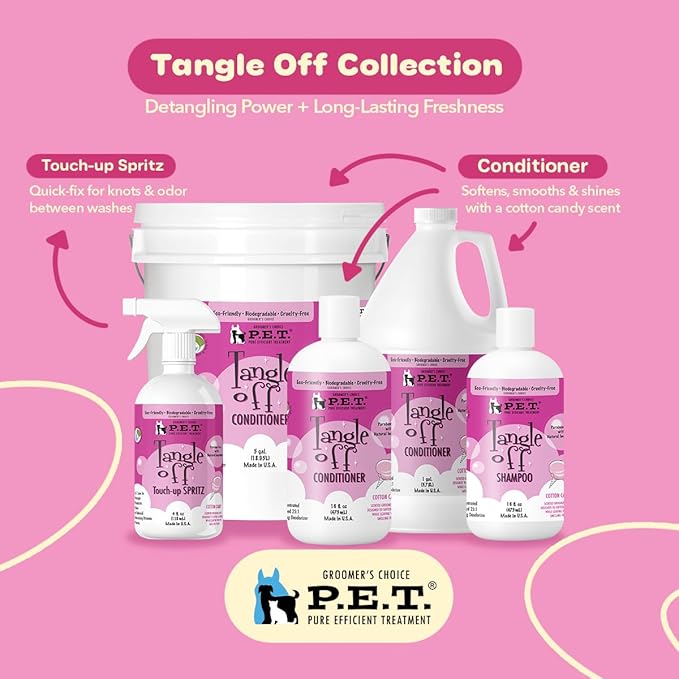P.E.T. Tangle Off Detangling Conditioner for Dogs & Cats, Cotton Candy Scent – Moisturizes, Softens & Loosens Knots for Silky, Shiny Coats – Sulfate-Free, pH-Balanced, Hypoallergenic – 16 oz