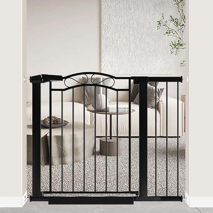 29.5"-40.5" Extra Wide Baby Gate, Pressure Mount Metal Long Dog Gates for House Stairs Doorways, Auto Close Safety Child Gate with Walk Thru Door No Drilling, Tension Pet Gate Indoor for Kids, Black