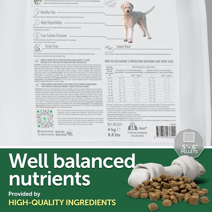 Nature's Protection Superior Care White Dogs Grain-Free Dry Dog Food - High Protein, Tear Stain Dog Food for All Breeds Light Coated All Life Stages Dogs, Fresh Pet Meal, Insect, 8.8 lb