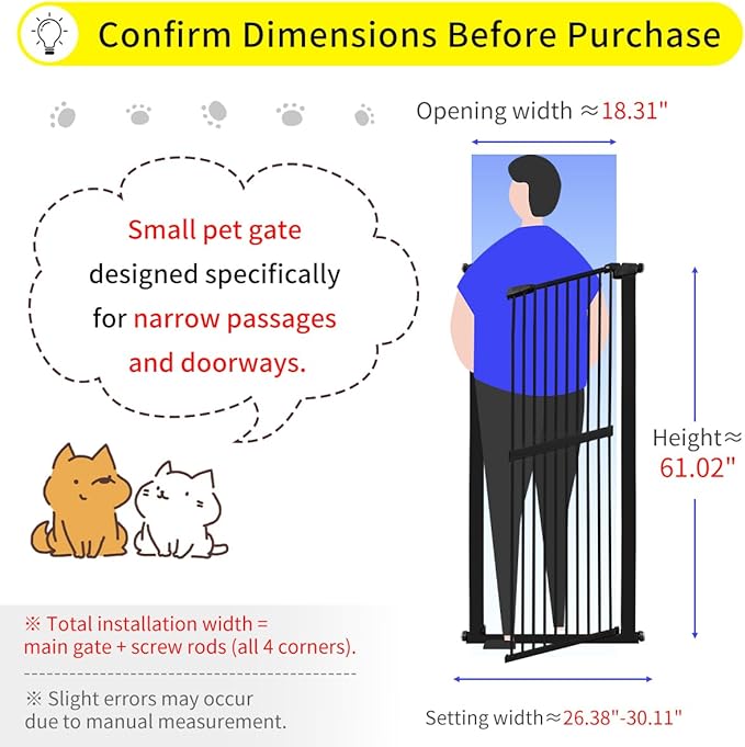 Lumizone Extra Tall Cat Gate 61.02" High Pressure Mounted Extra Wide 26.38"-30.11" (17Sizes) 1.37" Gap No Drilling Auto-Close Tall Pet Gate for Dogs (Black, 26.38"-30.11"/67-76cm)