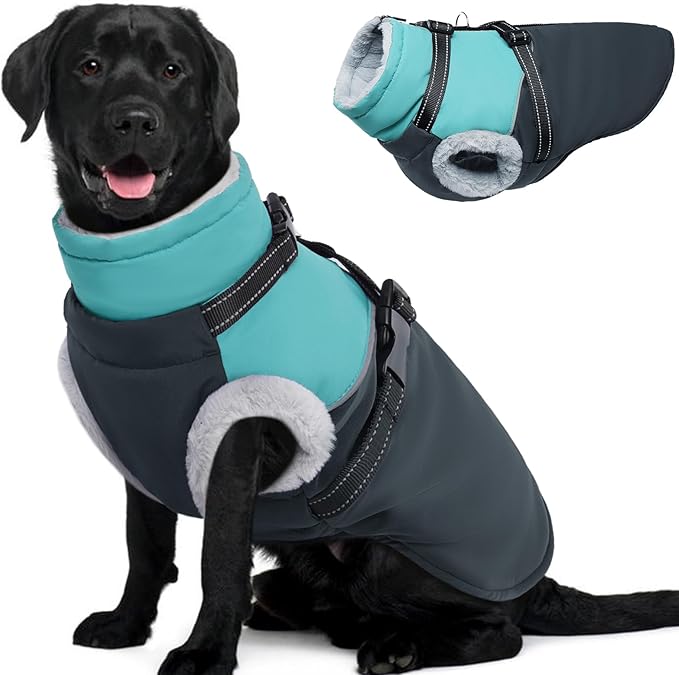 Dog Jacket with Built-in Harness - Warm, Waterproof & Windproof - Fleece Lined Puffer Jacket for Large Dogs - Winter Coat