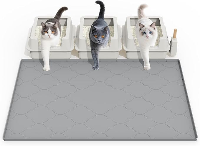Cat Mat for Litter Box, 38" X 26" Large Silicone Cat Litter Trapping Mat, Easy Clean for Scatter Control, Soft on Kitty Paws, Waterproof, Urine-Proof, Non-Slip Kitty Litter Mat for Floor, Gray