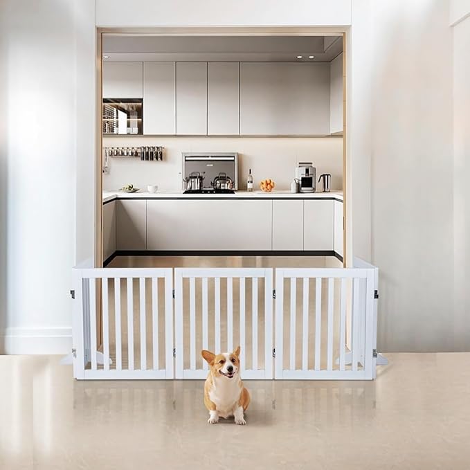 unipaws 24”H Free Standing Pet Gate for Dog and Cat, Wooden Dog Gates for Doorway, Stairs, Doggy Room Divider, Step Over Foldable Pet Fence for The House, Expandable Doggy Barrier, Indoor Use, White
