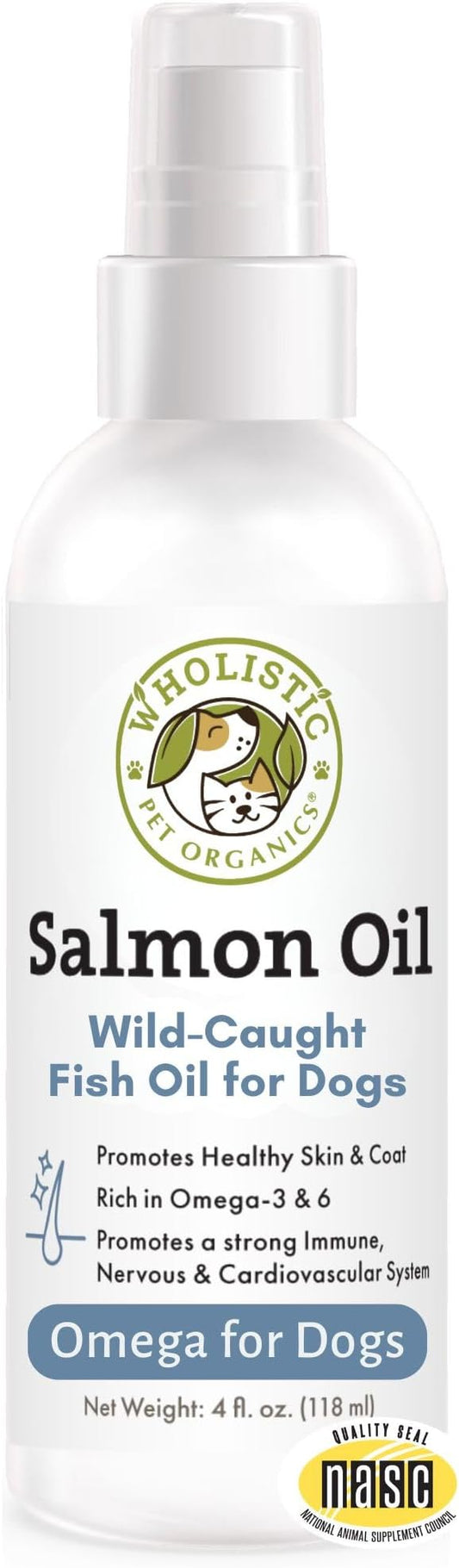 Wholistic Pet Organics Salmon Oil: Deep Sea Wild Alaskan Salmon Oil for Dogs - Omega 3 Dog Fish Oil with EPA and DHA for Skin, Coat, Heart and Nervous System Health - 4 Oz