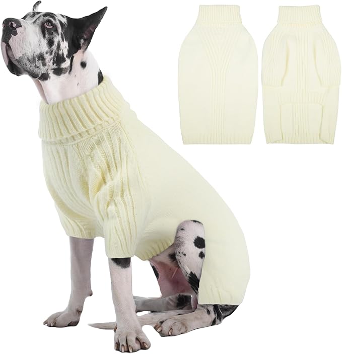IECOii Great Dane Sweater,5XL Extra Large Sweater for Giant Breed Dogs in Winter,Turtleneck Cold Weather Knit Clothes,Machine Washable,Elastic Pullover for Saint Bernard,Mastiff (White,XXXXXL)