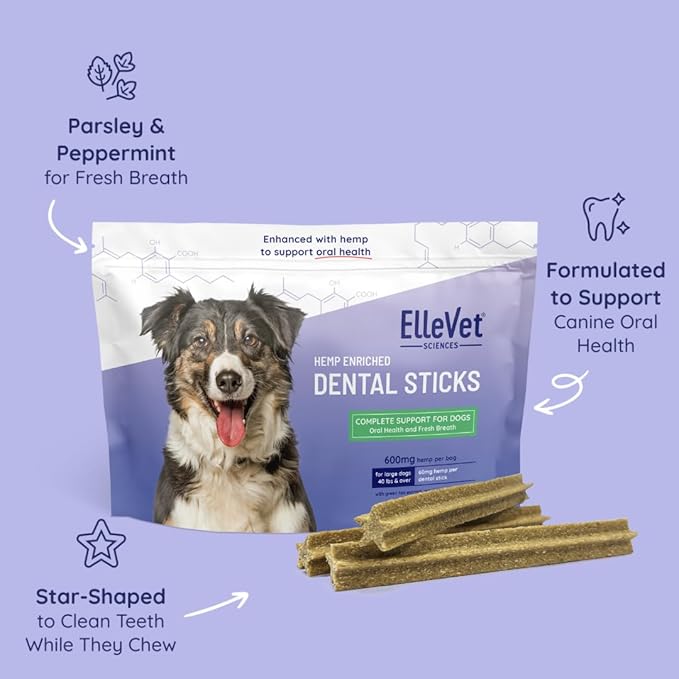 Ellevet Dental Sticks for Dogs – Hemp Enriched Dental Dog Chews – Freshen Dog Breath, Promote Clean Teeth, Support Oral Health - 10 Sticks - Large Dogs (Over 40 lbs)