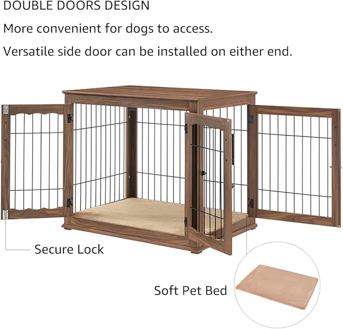 beeNbkks Furniture Style Dog Crate End Table, Double Doors Wooden Wire Dog Kennel with Pet Bed, Decorative Pet Crate Dog House Indoor Medium Large