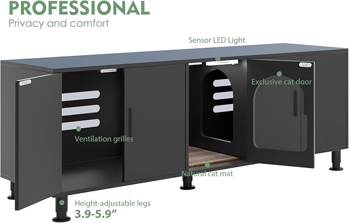 Double Litter Box Enclosure, Litter Box Enclosure for 2 Litter Boxes, Modern Litter Box Furniture for 2 Cats, with Cat Door & Motion Light (Black)