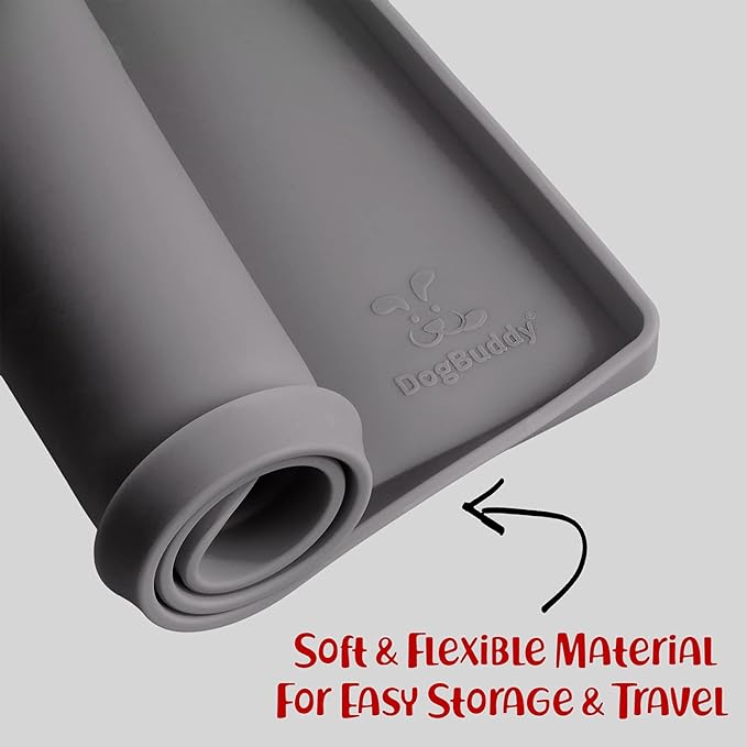 DogBuddy Dog Food Mat – Waterproof Dog Bowl Mat for Food and Water, Silicone Pet Feeding Mats For Floors, Non-Slip Placemat with High Edges For Dogs Bowls, Puppy Essentials (XS: 11" x 11", Shadow