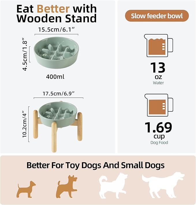 6.1inch Ceramic Dog Raised Slow Feeder Set, Elevated Bowl with Wooden Stand for Small Dog, Pet Slow Feeder Dish for Fast Easters, Anti-Gulping(Light Green, Single Bowl+ Stand)