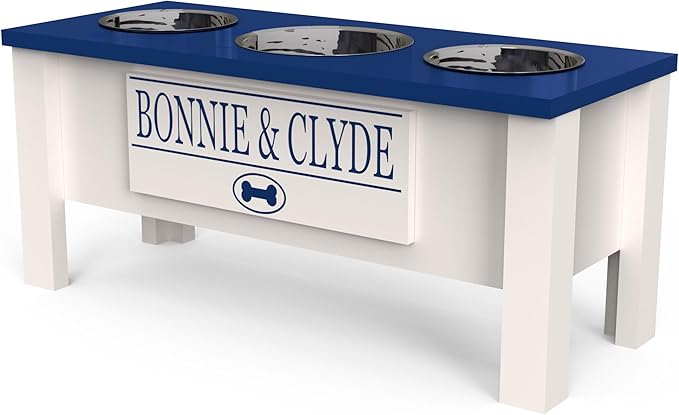 GrooveThis Woodshop - Personalized Elevated Triple Dog Bowl Stand for Large, Medium, Small, X-Small Dogs - 3 Stainless Steel Food and Water Bowls - Raised Dog Dish with Internal Storage (Large, Blue)