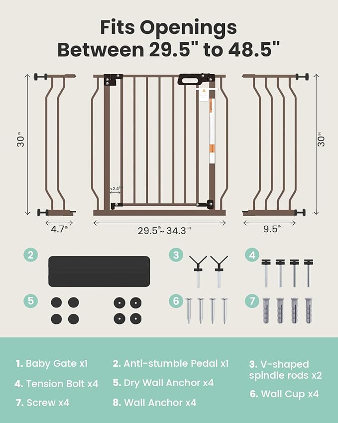 Mom's Choice-GROWNSY Baby Gate for Stairs, 29.5"-48.4" Pressure Mounted Baby Gate for Top of Stair&Doorway with V-Shaped Rods, Anti-Trip Pedal,Wide Stairs Dog Gate Easy Install w/Red Reminder,Brown