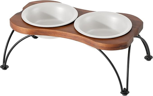 Ceramic 6.3-inch Raised Double-Bowl Set with Non-Slip Stand, Food & Water Dishes for Small and Medium Dogs, Wide Opening with Rounded Edges(Matt White)