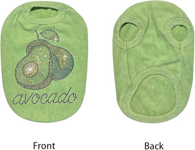 Washed Cotton Pet Vest with Rhinestone Fruit Designs, Soft & Stylish Small Dog Cat Vest for Spring Summer, Breathable & Shiny (Green-Avocado, Medium)