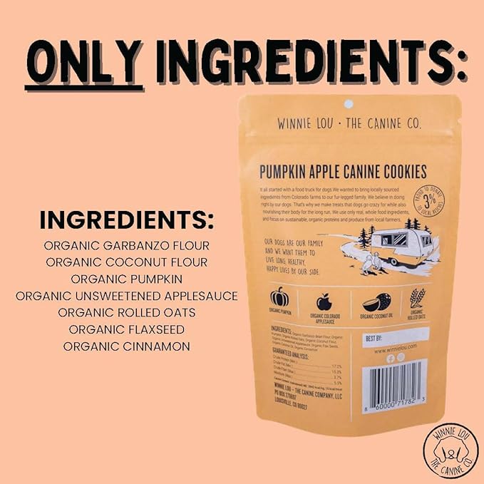Winnie Lou Organic Healthy Dog Treats – All Natural Crunchy Dog Biscuits Made in USA with Organic Ingredients from Colorado Farms – for Small, Medium, Large Dogs - Pumpkin Apple Cookies (Pack of 2)