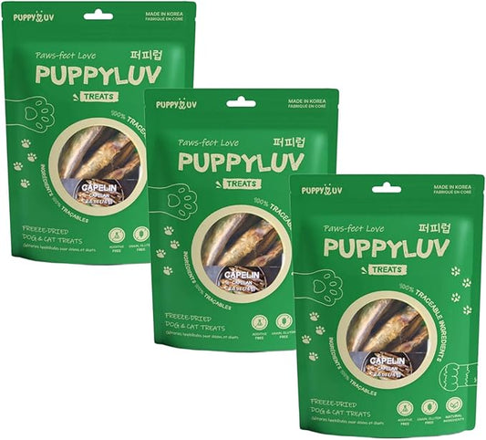 Puppyluv Capelin Treats for Dogs & Cats – Freeze-Dried Whole Fish, High Protein, Omega 3/6/9, Healthy Skin & Coat, Grain-Free, Natural Training Treats, 2.6oz x 3p