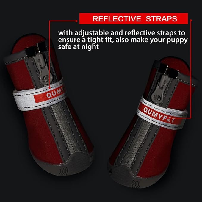 QUMY Dog Shoes for Small Dog, Puppy Dog Boots & Paw Protectors for Winter, Summer Hot Pavement, Waterproof in Rainy Weather, Ourdoor Walking, Indoor Hardfloors Skid-Resistant Soles Red Size 4