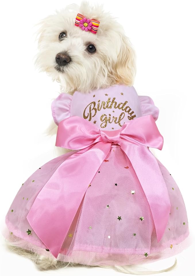 Dog Birthday Dress Tulle with Big Bowknot Princess Dog Birthday Outfit Girls Doggie Dresses Clothes Small Pink S