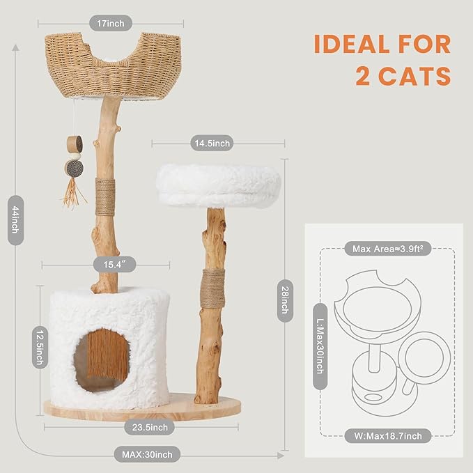 Cat Tree Tower with Two Real Branches, 44 INCH Wood Modern Cat Tower with Luxury Cat Condo, Cat Scratching Post, Jumping Platforms, Cat Furniture (Short Plush)