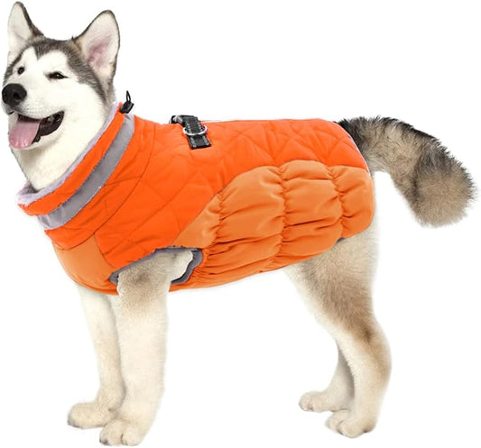 Lelepet Dog Coat Warm Dog Winter Coat Waterproof Dogs Jacket with Harness Built in Reflective Pet Fleece Vest Zip-Up Cold Weather Coats for Small Medium Large Dogs Turtleneck Windproof Blaze Orange
