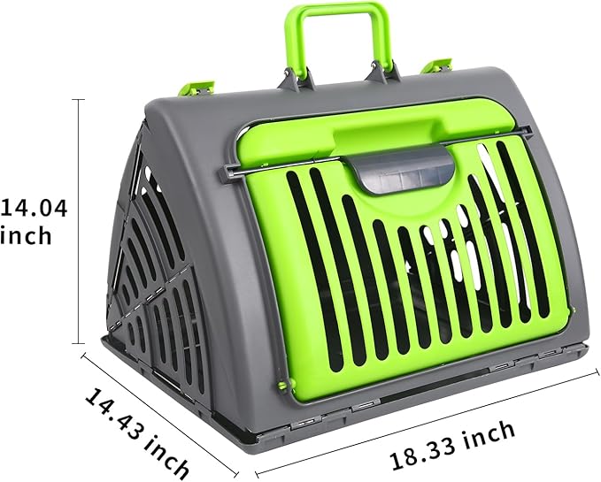 Foldable Travel Cat Carrier, Small Cat Carrier Hard Up to 25lbs, 18" Lx14.5 Wx14 H Front Open Type Plastic Cat Carriers, Green