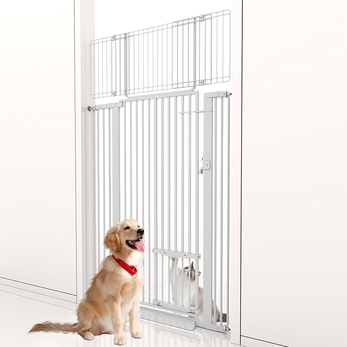 71" Extra Tall Cat Gate 29.5-40.6 Wide Pet gate for Doorway Pet Gate with Cat Doors NO Drilling Pressure Mount Kit for Cats and Dogs Indoor Doorways liveing Room Bedroom-White