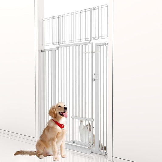 71" Extra Tall Cat Gate 29.5-40.6 Wide Pet gate for Doorway Pet Gate with Cat Doors NO Drilling Pressure Mount Kit for Cats and Dogs Indoor Doorways liveing Room Bedroom-White