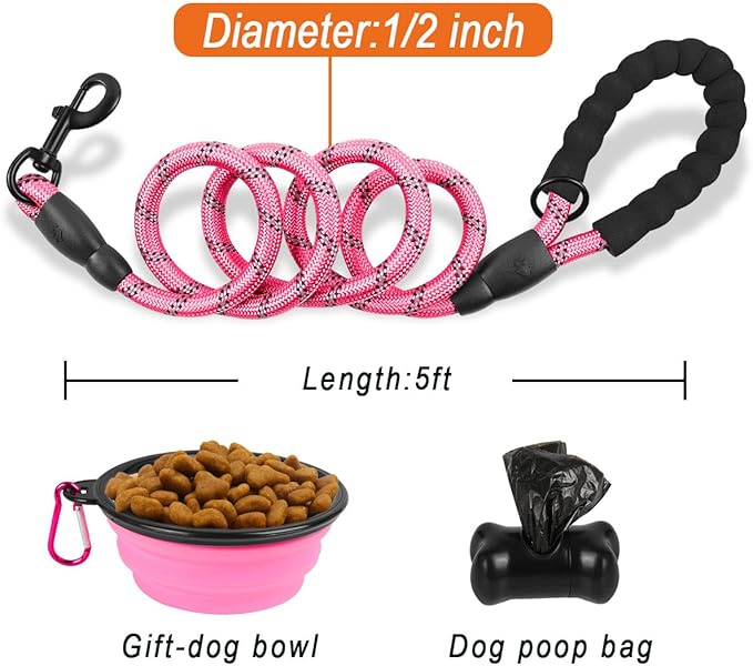 BARKBAY Dog Leashes for Large Dogs Heavy Duty Dog Leash 4/5/6 FT with Comfortable Padded Handle and Highly Reflective Threads for Medium Large Dogs Walking Training Running (5FT-1/2'',Pink)