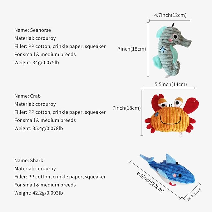 Plush Toys for Small and Medium Dogs, Cute Squeaky Dog Toy for Puppies, Durable Fabric Crinkle Paper chew Toys (3 Pack)