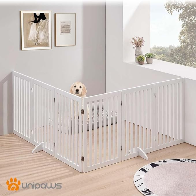 unipaws 120" Extra Wide Pet Gate, Free Standing Dog Gate for Doorways, Stairs, Foldable Gate & Room Divider, Wooden Puppy Playpen, Expandable Barrier for The House, Indoor Use (36" H, White)