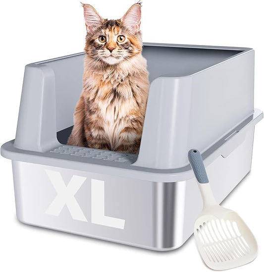 Stainless Steel Cat Litter Box, XL Metal Litter Box with Lid, High Sided Extra Large Litterbox for Big Cats, Anti-Urine Leakage, Never Absorbs Odors, Easy Cleaning, Non-Stick, Include Scoop