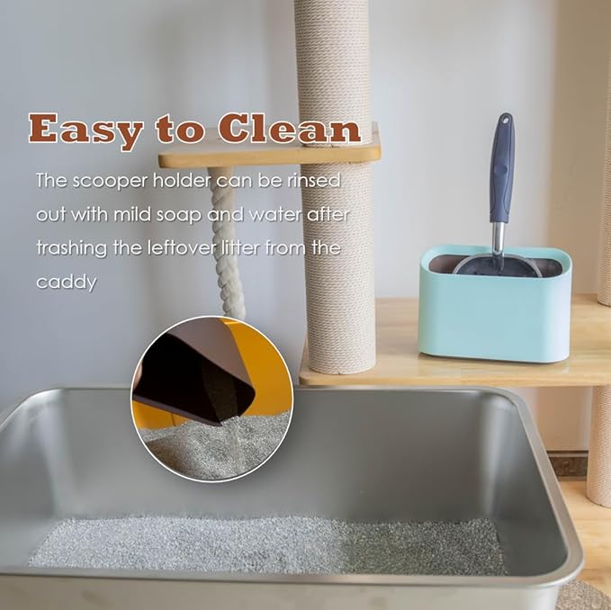 Aluminum Cat Litter Scoop in Holder, Non-Stick Cat Poop Scooper with Holder, Fast Sifting Kitten Poop Lifter and Caddy (Blue)