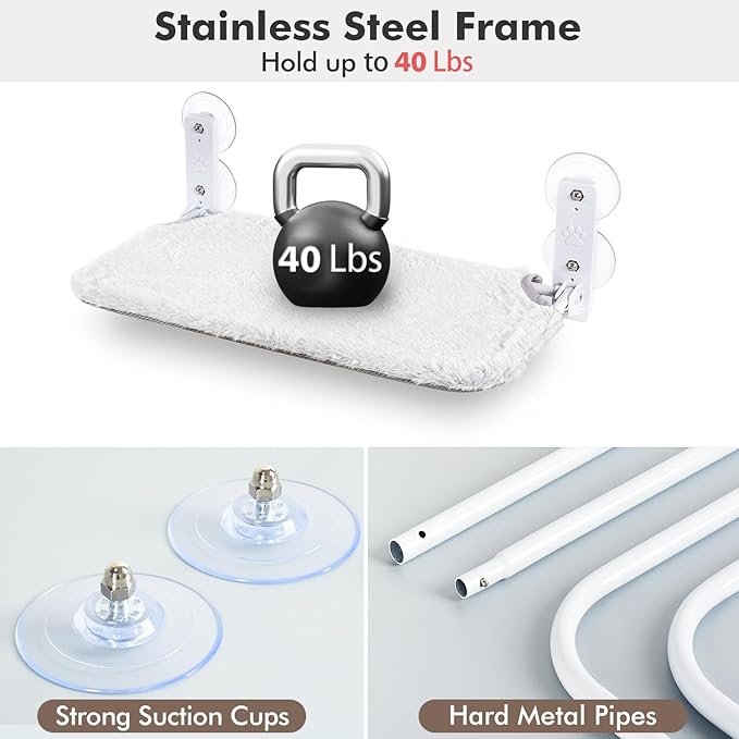 AMOSIJOY Cordless Cat Window Perch, Cat Hammock for Wall with 4 Suction Cups, Solid Metal Frame and Reversible Cover, Foldable Cat Beds for Indoor Cats