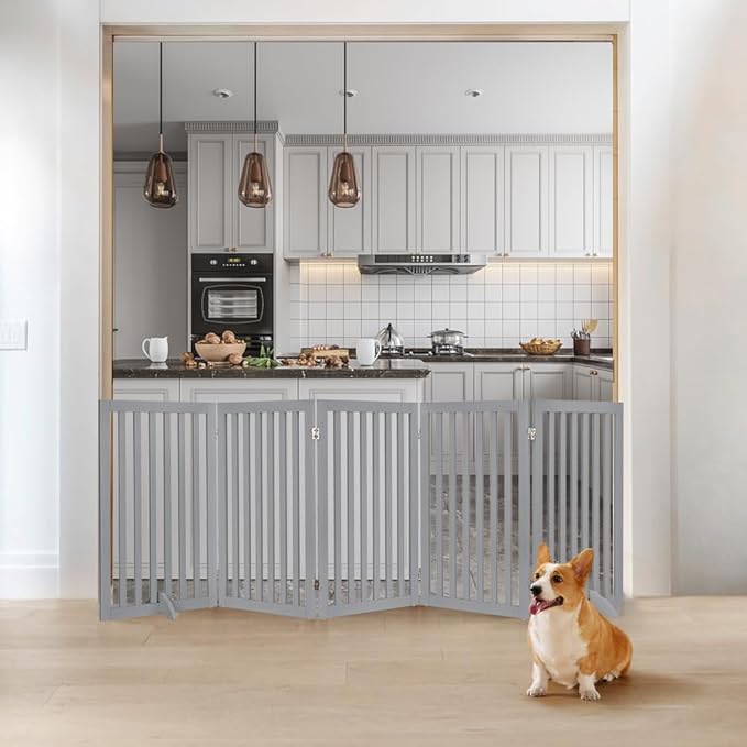 unipaws 36”H Free Standing Pet Gate for Dogs and Cats, Tall Wooden Dog Gates for Doorway, Stairs, Dog Room Divider, Foldable Pet Fence for The House, Expandable Barrier, Indoor Use, Grey