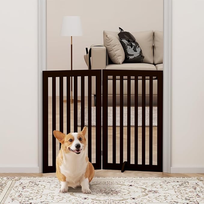 unipaws 36”H Free Standing Pet Gate for Dog and Cat, Wooden Dog Gates for Doorway, Stairs, Room Divider, Step Over Foldable Pet Fence for The House, Expandable Barrier, Indoor Use, Espresso