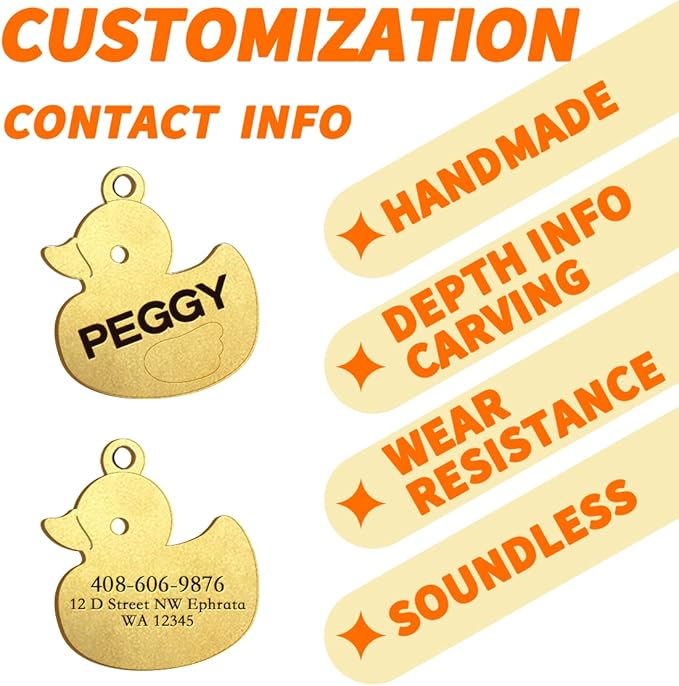 Dogs ID Tags Personalized Double Sided Deep Engraved Cat & Dog Collar Charm Duck Shape Brass Large