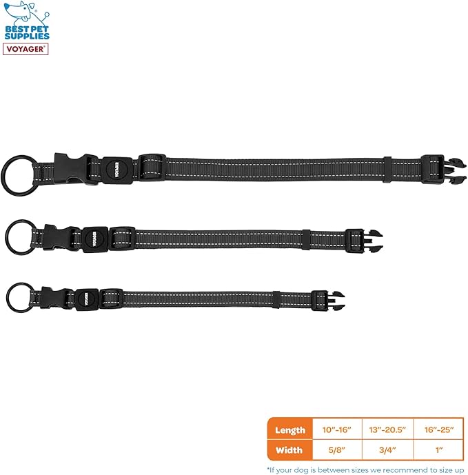 Best Pet Supplies Reflective Dog Collar with Adjustable Length, Heavy-Duty Buckle, and Strong Leash D-Ring, Training, Walking, Jogging Accessory for Small, Medium, and Large Breeds - Black, L
