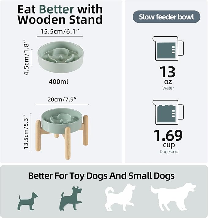 6.1inch Ceramic Raised Slow Feeder Dog Bowl Set, Elevated Wooden Stand for Small Dog and Cat, Puzzle Slow Dish, Preventing Choking(Light Green, Single Bowl+ Stand)