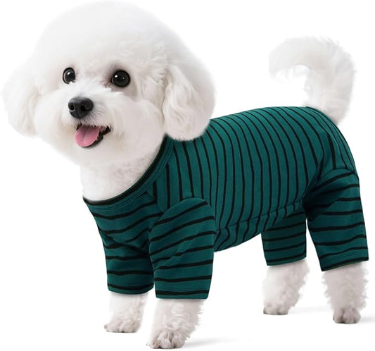 Striped Dog Pajamas - Pijamas for Small to Large Dogs, Fleece Shedding Suit, Stretchy & Machine-Washable Pjs, Belly Cut for Males, Great for Surgery & Cold Weather, Green S