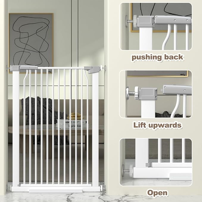 41-Inch Extra Tall Baby Gate for Doorway, 60.3-65.7 Inch Metal Pet Safe Gate with Expansion Kit, No Drilling Cat Fence Indoor, White