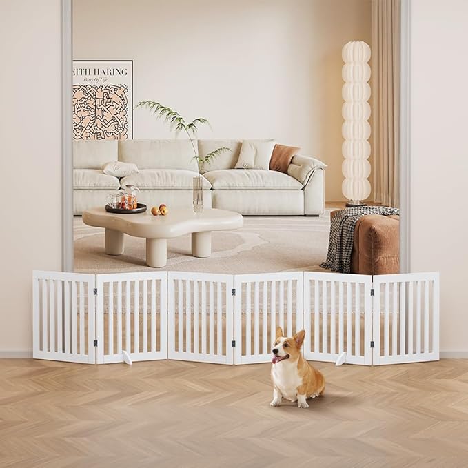 unipaws 120" Extra Wide Pet Gate, Free Standing Dog Gate for Doorways, Stairs, Foldable Puppy & Room Divider, Wooden Playpen for The House, Indoor Use (24" H, White)