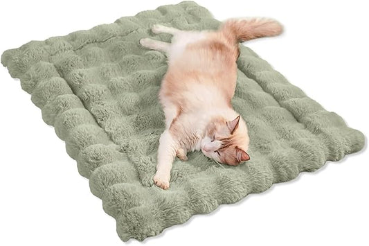 Cat Beds for Indoor Cats Faux Fur Pet Mat Cute Kitten Plush Bed with Non-Slip Bottom for Carriers/Sofa Dog & Puppy Friendly 27 x 20 Inch Green