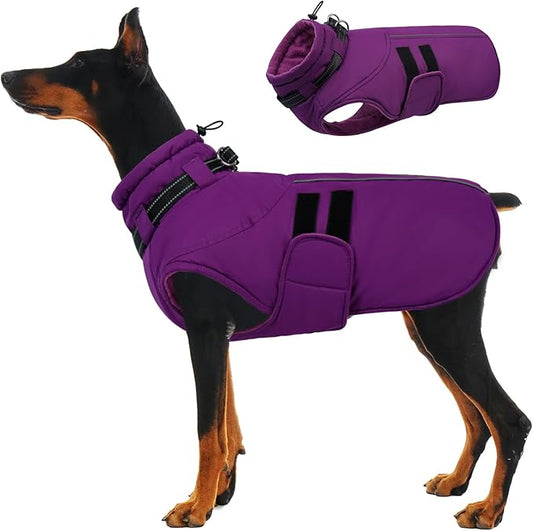 IECOii Dog Coats for Large Dogs Winter Waterproof Jacket with Collar Built in, XXL Dog Coat for Cold Weather Warm Snow Jacket with Thermal Fleece Lining, Reflective Pet Snowsuit Large, Purple - 2XL