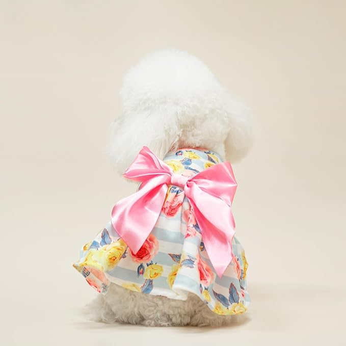 PUPTECK Floral Dog Dress for Spring Outfit Puppy Cute Small Dogs Clothes,Stripe,L