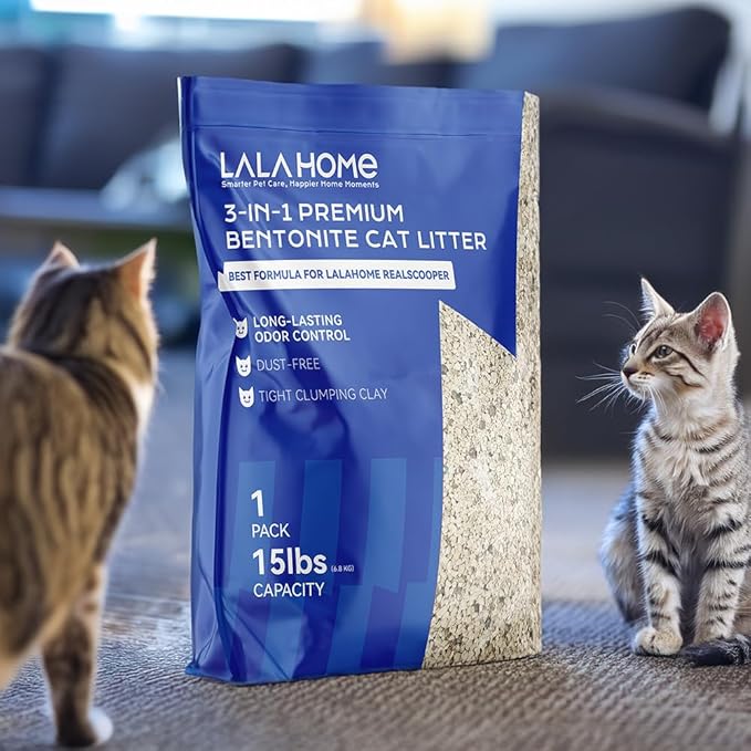 Premium Bentonite Cat Litter Sodium-Based, Clumping Cat Litter, Dust-Free, Strong Durability, Odor Control, Unscented Natural Mineral Formula Kitty Litter Bluk for RealScooper, 3 x 15 lb. Box
